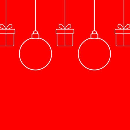 Merry Christmas balls on red background with gift box New year ho liday card. Vector illustration. outline on red background coy space borderのイラスト素材