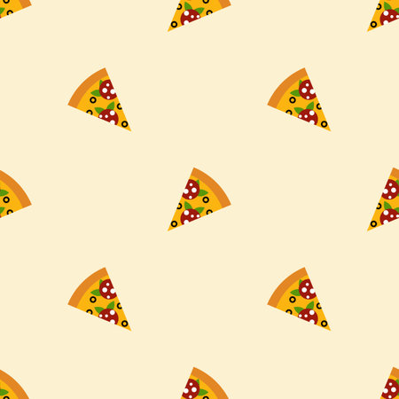 Pizza pieces painted in graphic style. Vector seamless pattern. Useful for restaurant identity, packaging, menu design and interior decoratingのイラスト素材