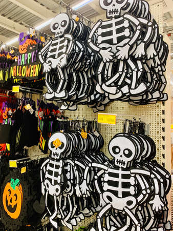 02.10.2020 Cyprus Paphos mall Scary skeleton, skull and hand close up in city street, holiday decoration. Spooky Halloween street decor. Trick or treat. Happy halloween. Autumn market in town.のeditorial素材