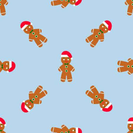 Gingerbread man is decorated in Xmas hat on blue background. Seamless vector pattern for new year s day, Christmas, winter holiday, cooking, new year s eve.のイラスト素材