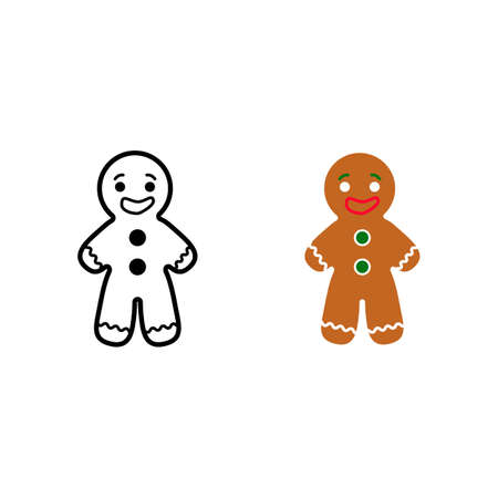 A set of Christmas gingerbread man line and flat, decorated with icing, isolated on whiteのイラスト素材