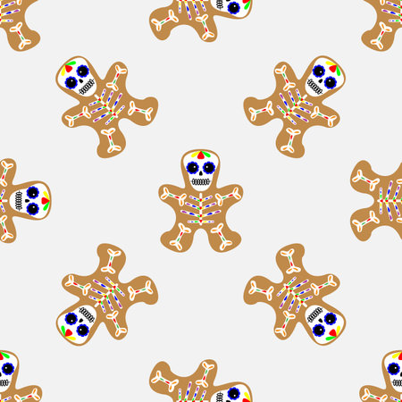 Gingerbread skeleton vector cartoon. Gingerbread man with skeleton. Funny cookie man. Seamless pattern. halloween. day of the dead seamless patternのイラスト素材