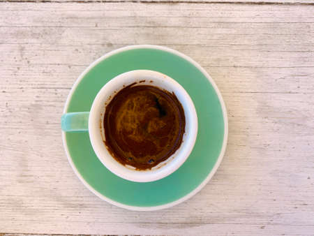 coffee cup with space on the wooden table top viewの写真素材