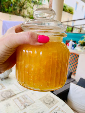 Jar of marmalade from mandarines for Christmas handmadeの写真素材