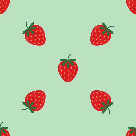 Seamless background with red strawberries. Cute vector strawberry pattern. Summer fruit illustration on blue background.のイラスト素材