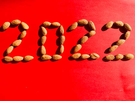 Figure 2022 with almonds on red backgroundの写真素材