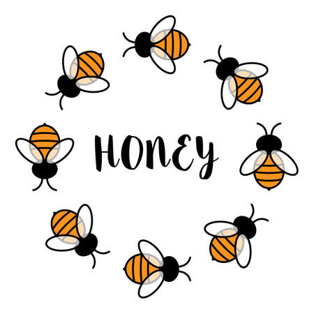Vector honey  with beesround frame illustration isolated on whiteのイラスト素材