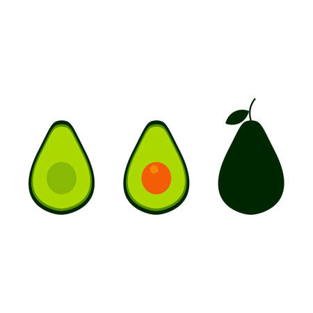 Set of fresh whole, half, cut slice and leaves avocado isolated on white background. Summer fruits for healthy lifestyle. Organic fruit. Cartoon style. Vector illustration for any design.のイラスト素材