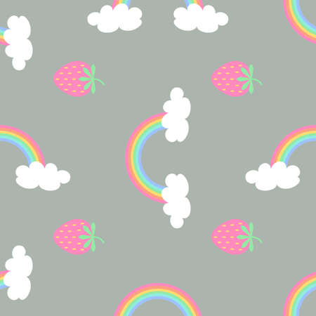 Seamless pattern with strawberry and rainbow with clouds, summer background. Vector illustration in a modern cartoon style, for printing on packaging paper, postcard, poster, bannerのイラスト素材