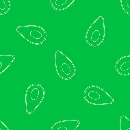 Seamless vector pattern with cute hand drawn half and cut avocado. White and green line objects on trendy green background. For wrapping paper, invitation, gift, fabric, wallpaper, textileのイラスト素材