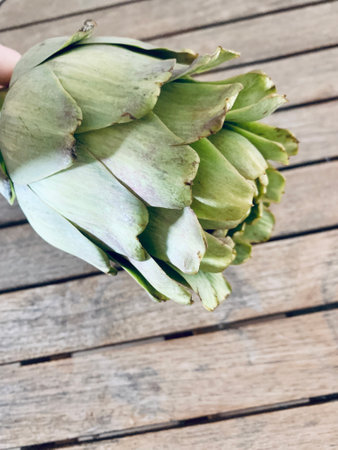 Fresh and raw artichoke on the wooden tableの写真素材