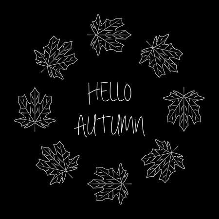 Hello autumn background with fall leaves. Nature autumnal vector concept. leaf monochrome outline seasonal illustrationのイラスト素材