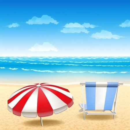 cartoon style background of sea shore. good sunny day. Deck chair and beach umbrella on the sand coast.の素材