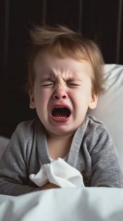 upset sad caucasian boy crying sitting on chair on dark backgroundの素材