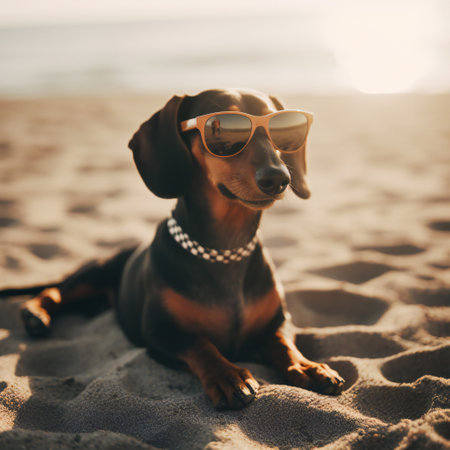 beautiful dog of dachshund smiling , black and tan, buried in the sand at the beach sea on summer vacation holidays, wearing sunglasses. generative aiの素材