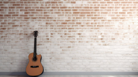 acoustic guitar near a beautiful brick wall. empty space.の素材
