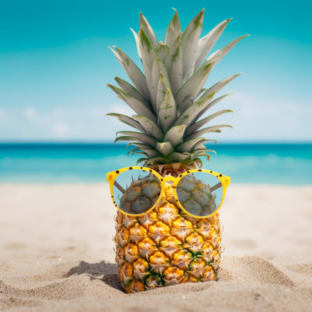 Fresh pineapple fruit in sunglasses on sand and summer photo of beach with ocean.の素材