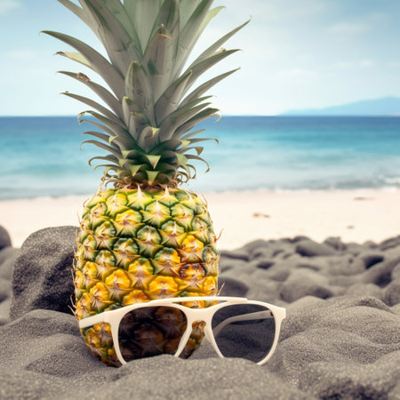 Fresh pineapple fruit in sunglasses on sand and summer photo of beach with ocean.の素材