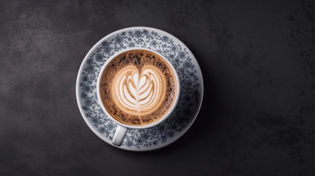 vintage cup of Cappuccino coffee with leaf art floating on top on stone background. Coffee break at retro style coffee shop, top view. empty space.の素材