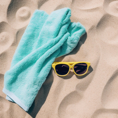 Top view of sandy beach with towel and sunglasses. Background with copy space and visible sand texture.の素材