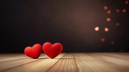 Panoramic wooden background for Valentine's day with two red hearts and lens flaresの素材