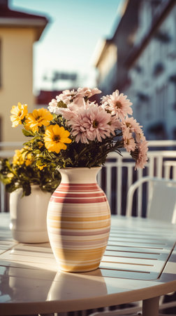 Bouquet of summer flowers in ceramic vase on table on terrace. Fresh Field flowers in vase. Cozy home decor of patio yard. still life. Women day or wedding concept. festive background, 9:16の素材