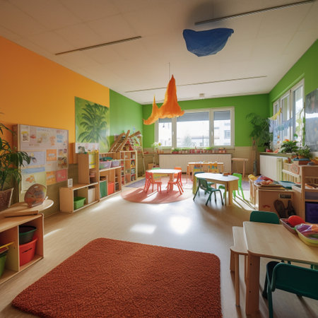 inside a classroom of a kindergarden without people and many decorations in the wallの素材