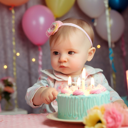 little cute baby girl sitting with the cake and balloons, first year, birthday, holiday. generative aiの素材