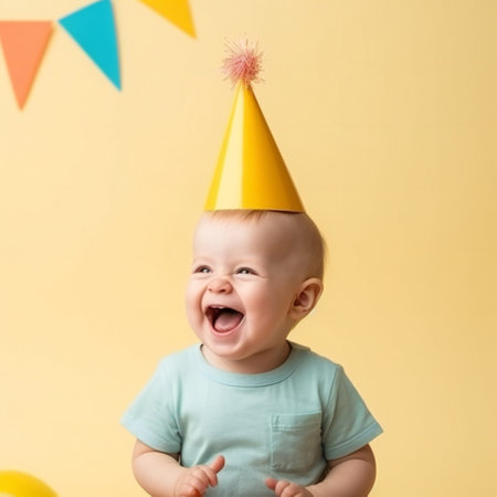 Happy stylish little boy with flags isolated on yellow background. Funny child in in cone hat. birthday generative aiの素材