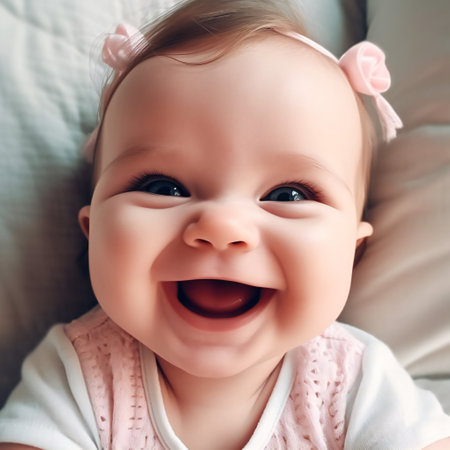 Newborn baby girl posed on her back, on blanket of fur, smiling looking at camera. generative aiの素材