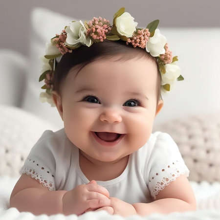 Newborn baby girl in the flower wreath smiles. Portrait on a bed background. generative aiの素材