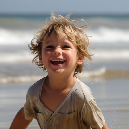 Cute smiling blond boy on the beach near sea during summer vacations. Generative aiの素材