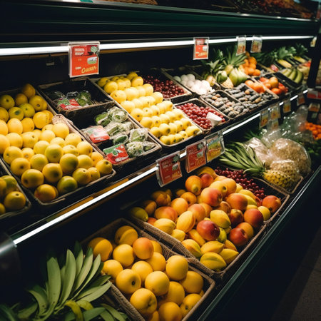 Fresh organic Vegetables and fruits on shelf in supermarket, farmers market. Healthy food market concept. Vitamins and minerals in fruits and vegetables. Fresh vegetables tomatoes, capsicum, cucumbersの素材