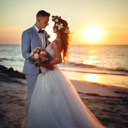 Bride and Groom, Wedding at Sunset on a Beautiful Tropical Beach, Romantic Married Couple. Generative aiの素材