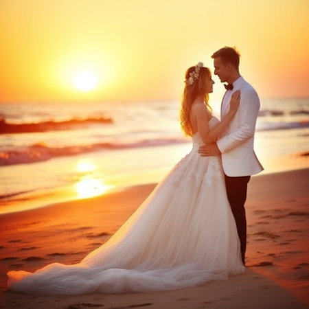 Bride and Groom, Wedding at Sunset on a Beautiful Tropical Beach, Romantic Married Couple. Generative aiの素材