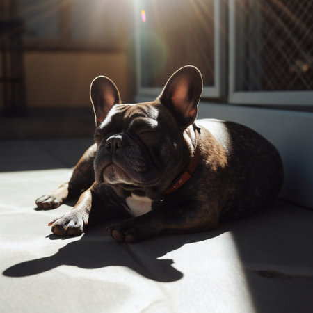 A Very Cute French Bulldog Sleeping outside. frenchie sleeps in the sun. Generative aiの素材