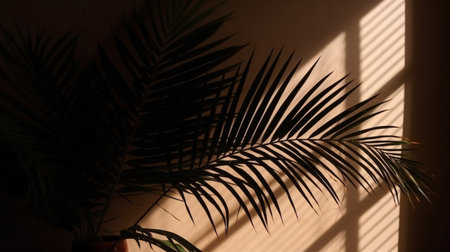Abstract silhouette shadow beige background of natural leaves tree branch falling on wall. Transparent blurry shadow of tropical leaves morning sun light.の素材