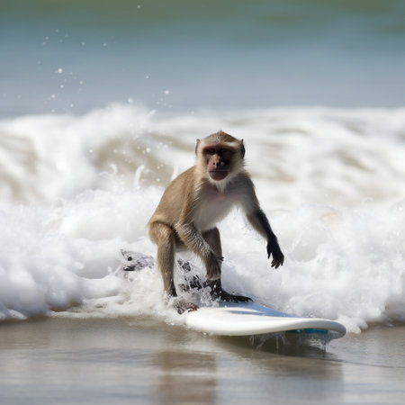 Monkey animal playing on beach in sea - side portrait. Animal primate surfer waiting for wave. Wildlife conceptの素材