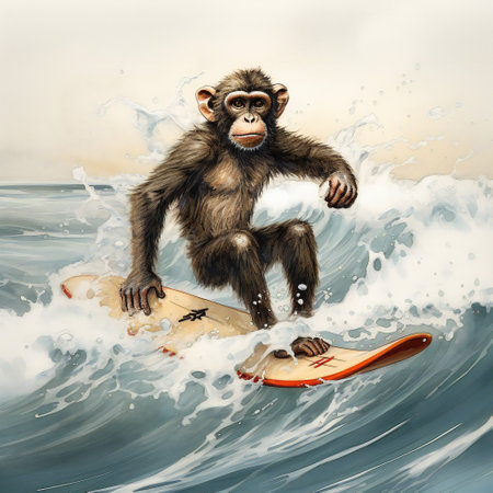 Cute Monkey Surfing With Surfboard Suitable for any creative project. Generative aiの素材