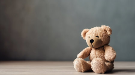 Teddy bear sitting in an empty room, wood wall background, Kid alone in the child room concept. banner. generative aiの素材