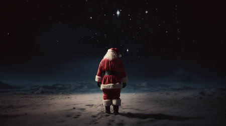 santa claus from the back standing alone and looking forward at night. banner. generative aiの素材