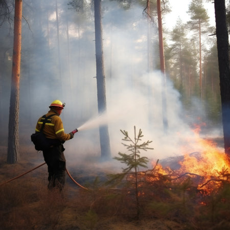 Firefighters try to extinguish the fire in a forest Generative aiの素材