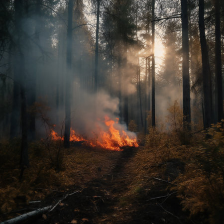 Forest fire. fallen tree is burned to the ground a lot of smoke when vildfireの素材