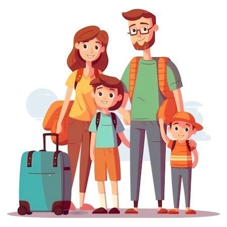 Happy Family travel together. Parents with children at the airport. Smiling man with luggageの素材