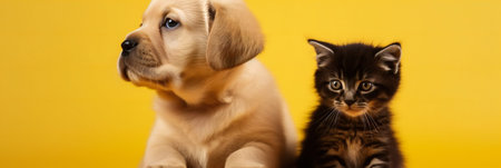 Cute dog puppy and cat kitten on yellow background, space for text. Banner design. Generative aiの素材