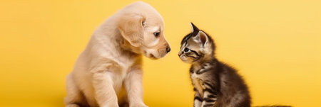Cute puppy and kitten on yellow background, space for text. Banner designの素材
