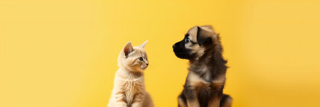 Cute puppy and kitten on yellow background, space for text. Banner designの素材
