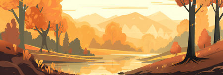 Autumn landscape with trees, mountains, fields, leaves. Countryside landscape. Autumn background. banner. Generative aiの素材