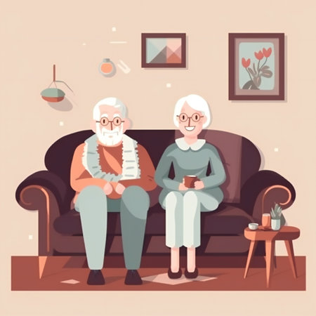 Social concept - old people couple. Happy senior man woman family sitting on the sofa and restの素材