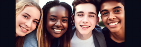 Happy friends from different races and culture laughing in front of phone camera. Students. Banner. generative aiの素材